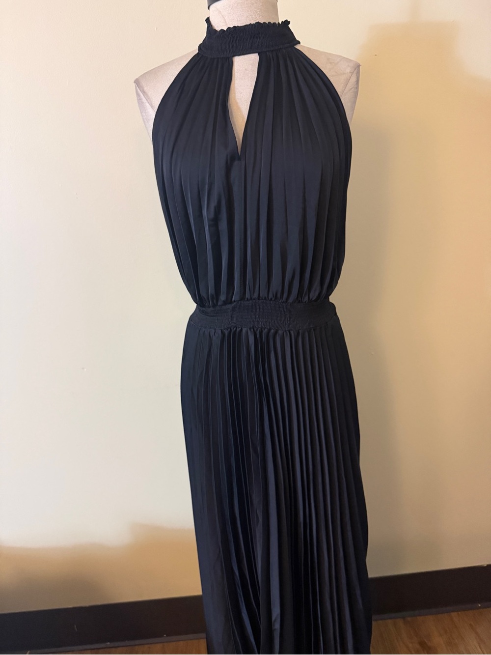 Petal & Pup Black Halter-Top Pleated Maxi Dress